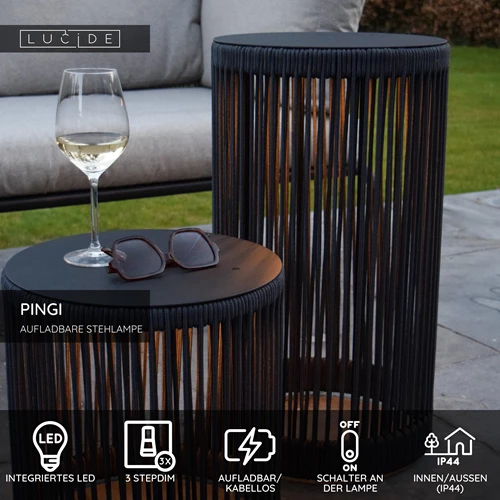 Lucide PINGI - wiederaufladbare Stehlampe Innen/Außen - Akku/Batterie - Ø 33,5 cm - LED 3 StepDim - 1x3W 3000K - IP44 - Schwarz - USP